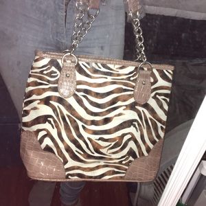 Brown Zebra print and reptile purse